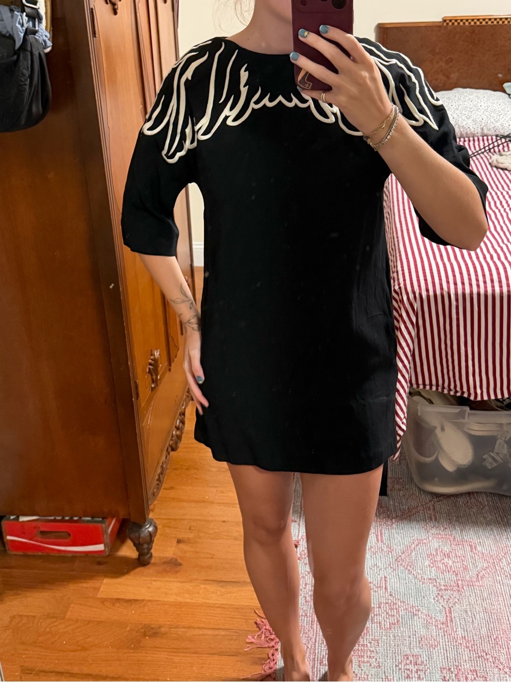 RED Valentino Black Mini Dress with White Embroidered Yoke